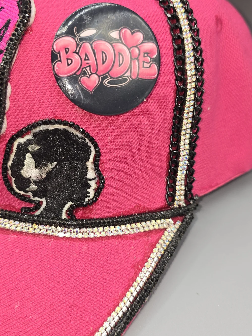 Women's Hot Pink Embroidered Trucker Cap with Decorative Patch